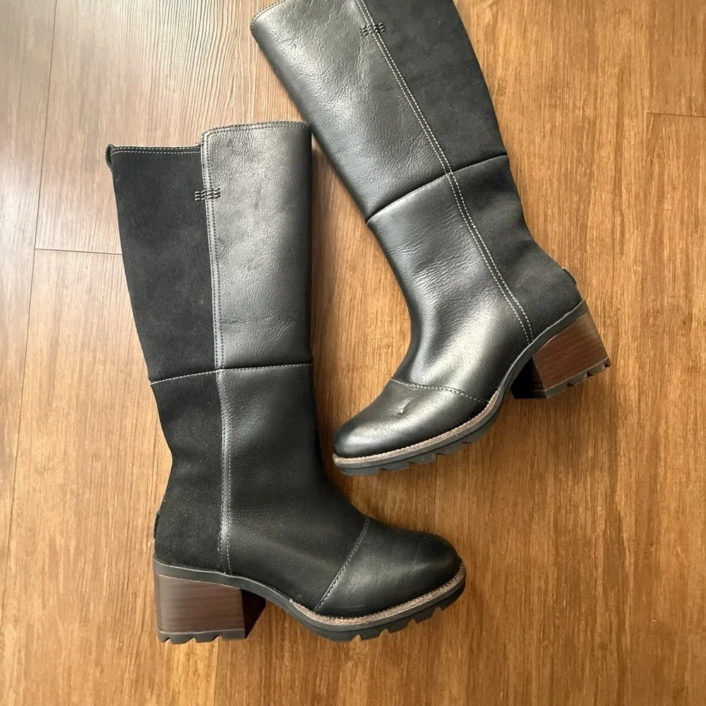 SOREL Cate Tall Waterproof Boots Womens 5 Black Suede Leather Block Heel